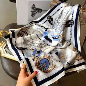 Ladies's Mulberry Silky Scarf Classic Marine Print Blue & White